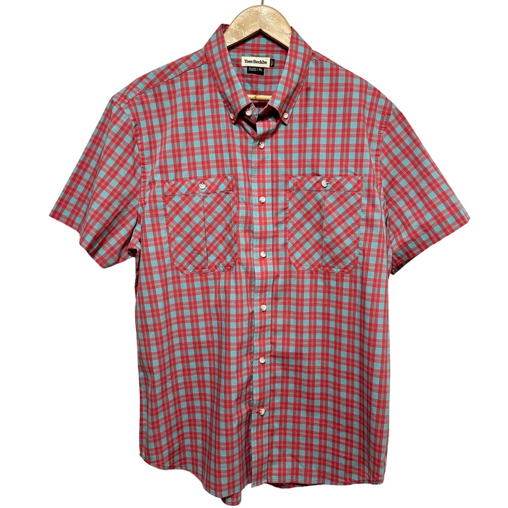 Tom Beckbe Plaid Short Sleeve Shirt Mens XL Red Blue Button Down Cotton Blend
